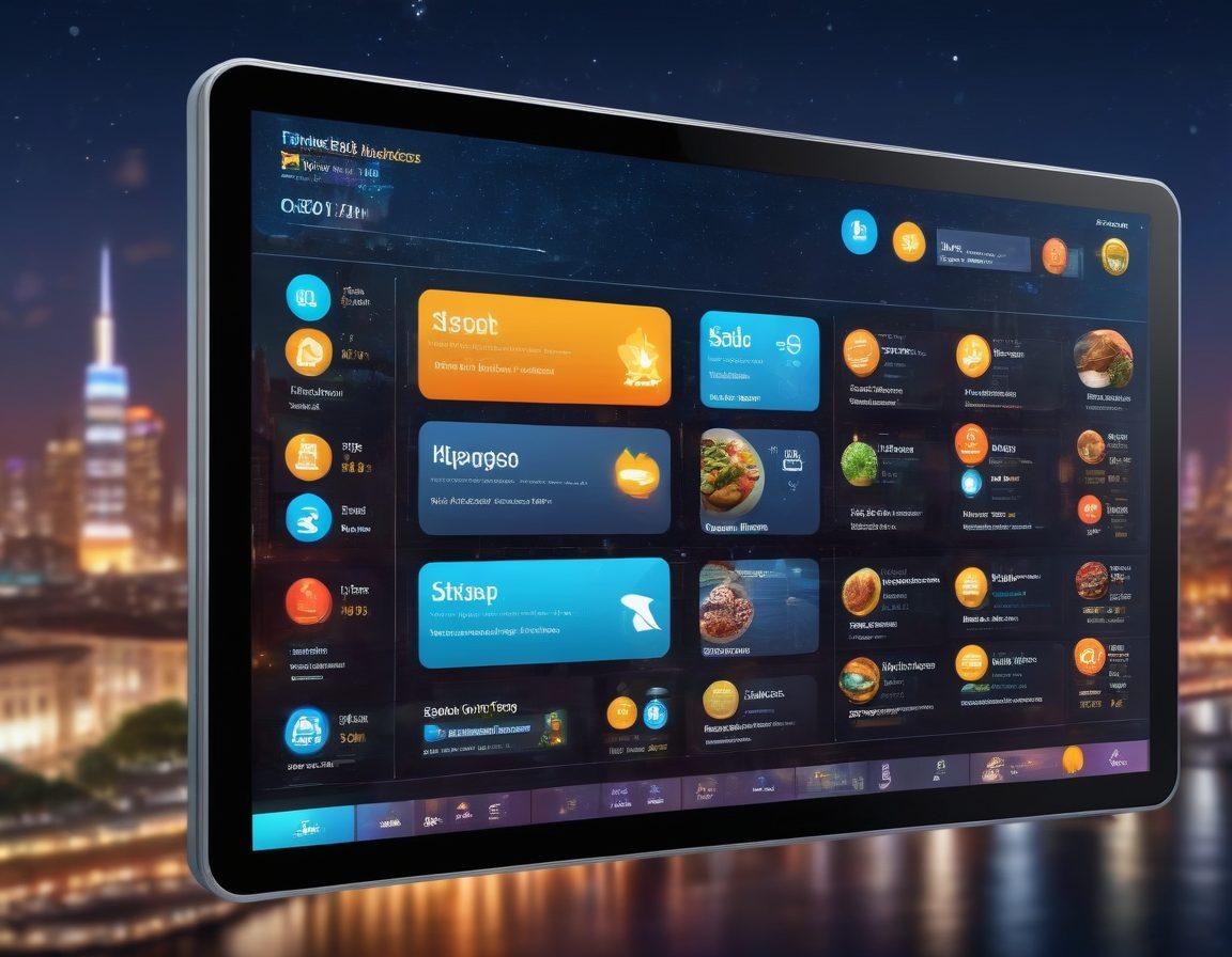 A stunning digital directory displayed on a futuristic touchscreen, showcasing a variety of listings in an engaging layout. Include vibrant icons representing different categories like food, travel, and services, with user interaction showing thumbs up and stars. The background should reflect a bustling cityscape with glowing lights to symbolize connectivity. Capture the essence of modern technology and user engagement. super-realistic. vibrant colors. digital art.