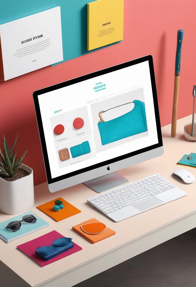 A beautifully arranged online catalogue display featuring an array of vibrant products, seamlessly organized with engaging visuals and sleek typography. Incorporate elements like glowing call-to-action buttons, enticing hover effects, and a laptop screen showing an interactive interface. Surround the catalogue with delicate hand-crafted items and tools symbolizing creativity and craftsmanship. The background should be bright and inviting, drawing the viewer's attention to the collection displayed. vibrant colors. 3D. modern design.